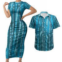 Personalised Fiji Language Week Sugarcane Masi Couples Matching Short Sleeve Bodycon Dress and Hawaiian Shirt Blue Tapa Tribal Pattern