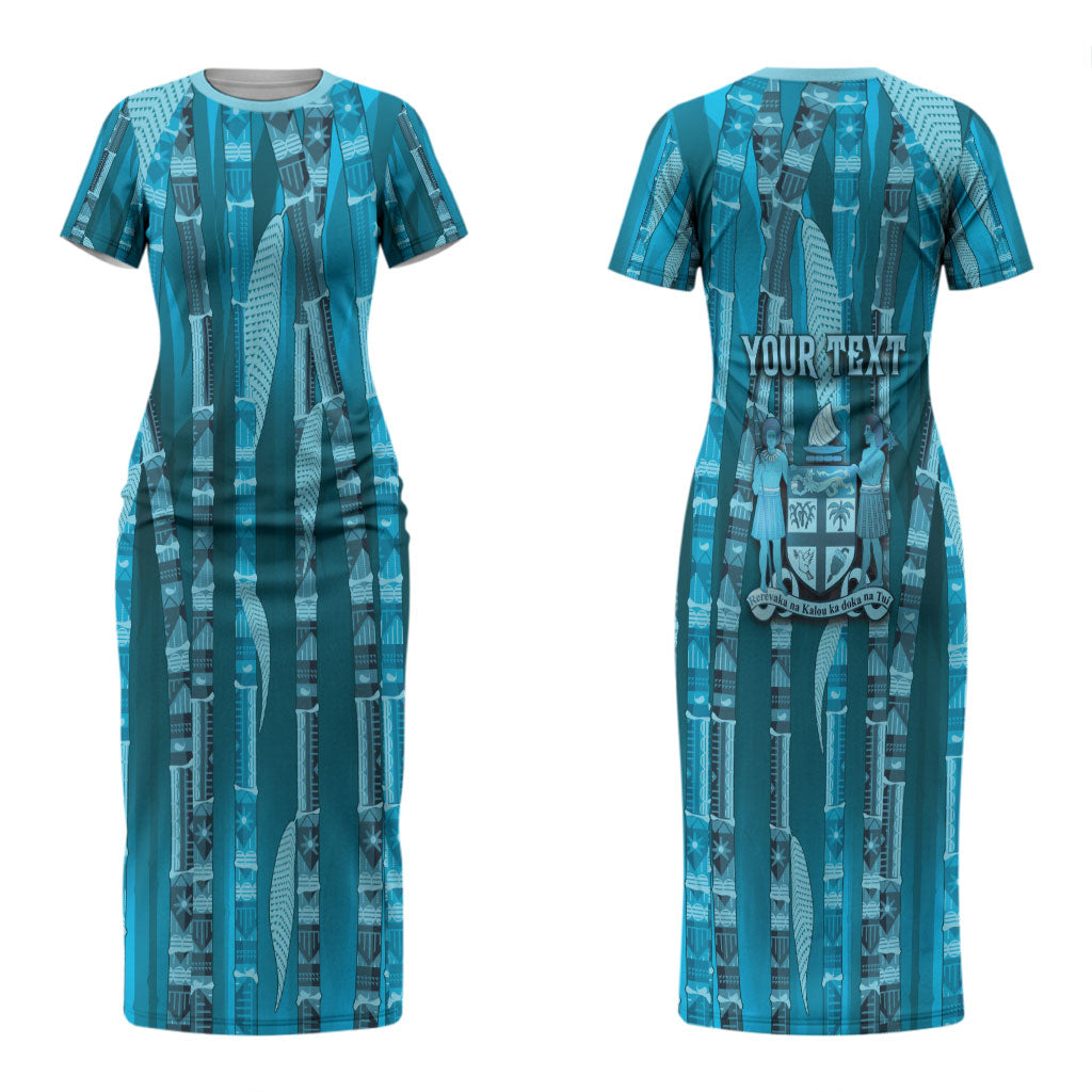 Personalised Fiji Language Week Sugarcane Masi Couples Matching Short Sleeve Bodycon Dress and Hawaiian Shirt Blue Tapa Tribal Pattern