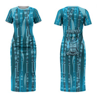 Personalised Fiji Language Week Sugarcane Masi Couples Matching Short Sleeve Bodycon Dress and Hawaiian Shirt Blue Tapa Tribal Pattern
