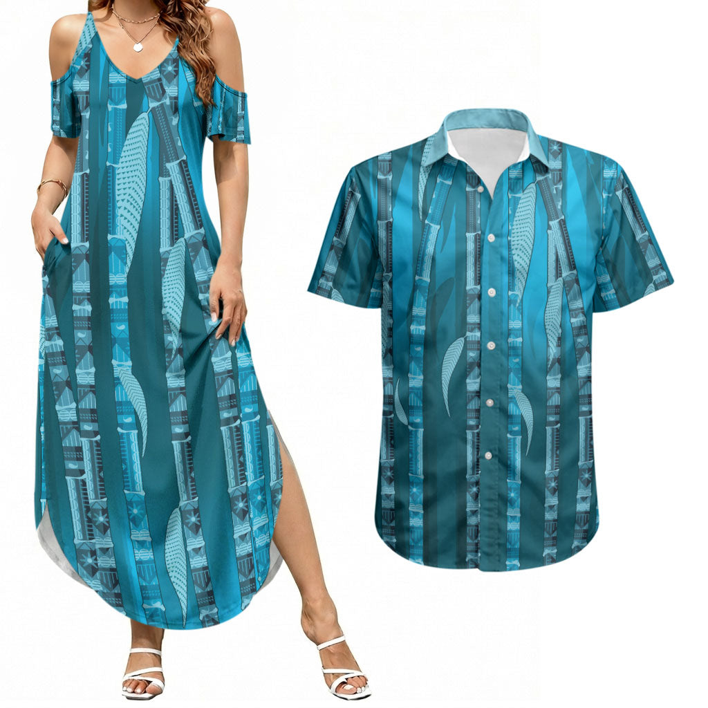 Personalised Fiji Language Week Sugarcane Masi Couples Matching Summer Maxi Dress and Hawaiian Shirt Blue Tapa Tribal Pattern