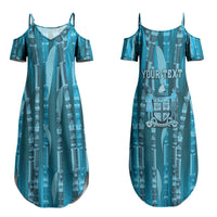 Personalised Fiji Language Week Sugarcane Masi Couples Matching Summer Maxi Dress and Long Sleeve Button Shirt Blue Tapa Tribal Pattern