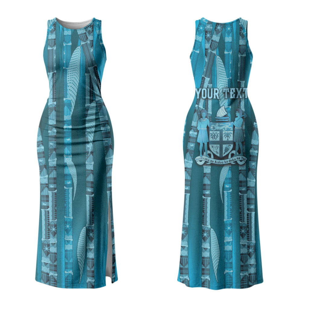 Personalised Fiji Language Week Sugarcane Masi Couples Matching Tank Maxi Dress and Hawaiian Shirt Blue Tapa Tribal Pattern