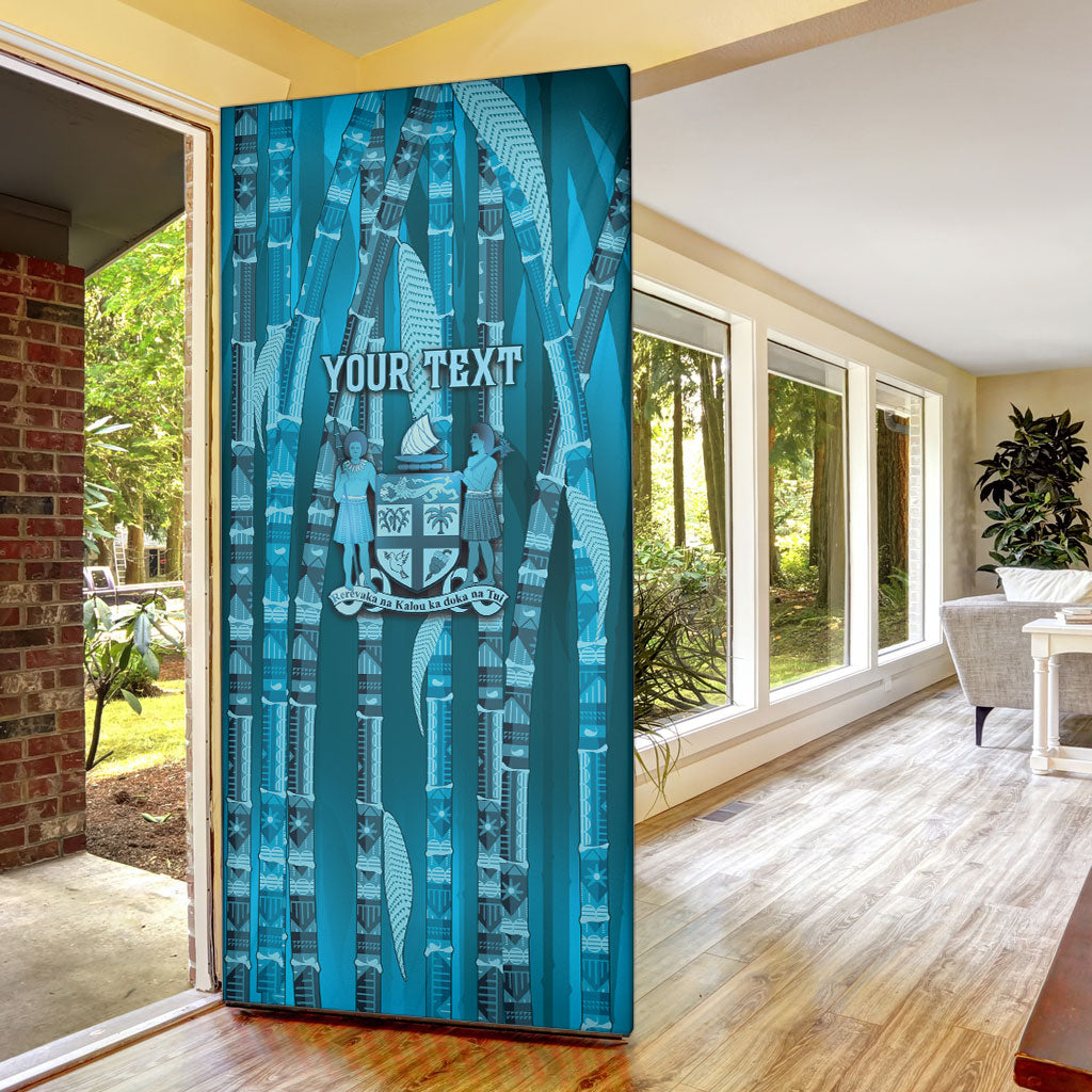 Personalised Fiji Language Week Sugarcane Masi Door Cover Blue Tapa Tribal Pattern