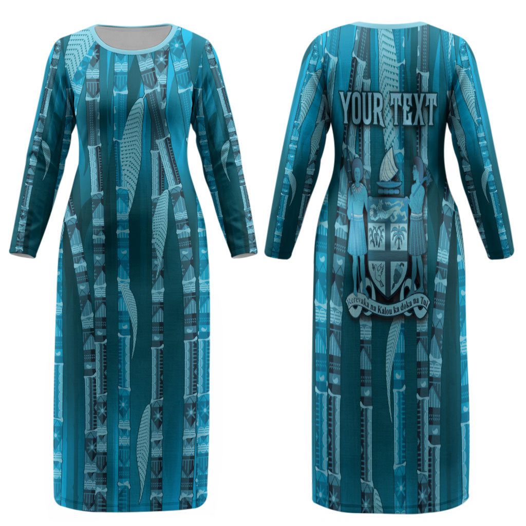 Personalised Fiji Language Week Sugarcane Masi Family Matching Long Sleeve Bodycon Dress and Hawaiian Shirt Blue Tapa Tribal Pattern