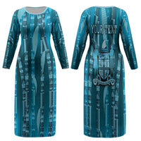 Personalised Fiji Language Week Sugarcane Masi Family Matching Long Sleeve Bodycon Dress and Hawaiian Shirt Blue Tapa Tribal Pattern