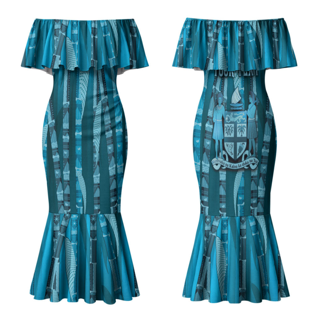 Personalised Fiji Language Week Sugarcane Masi Family Matching Mermaid Dress and Hawaiian Shirt Blue Tapa Tribal Pattern