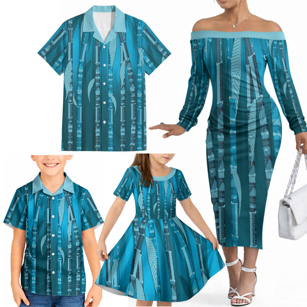 Personalised Fiji Language Week Sugarcane Masi Family Matching Off The Shoulder Long Sleeve Dress and Hawaiian Shirt Blue Tapa Tribal Pattern
