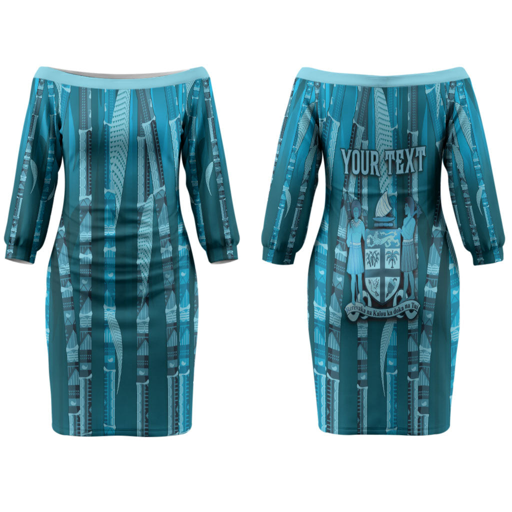Personalised Fiji Language Week Sugarcane Masi Family Matching Off The Shoulder Long Sleeve Dress and Hawaiian Shirt Blue Tapa Tribal Pattern