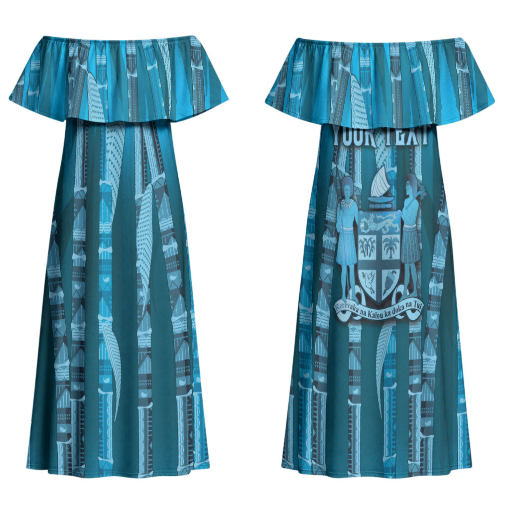 Personalised Fiji Language Week Sugarcane Masi Family Matching Off Shoulder Maxi Dress and Hawaiian Shirt Blue Tapa Tribal Pattern