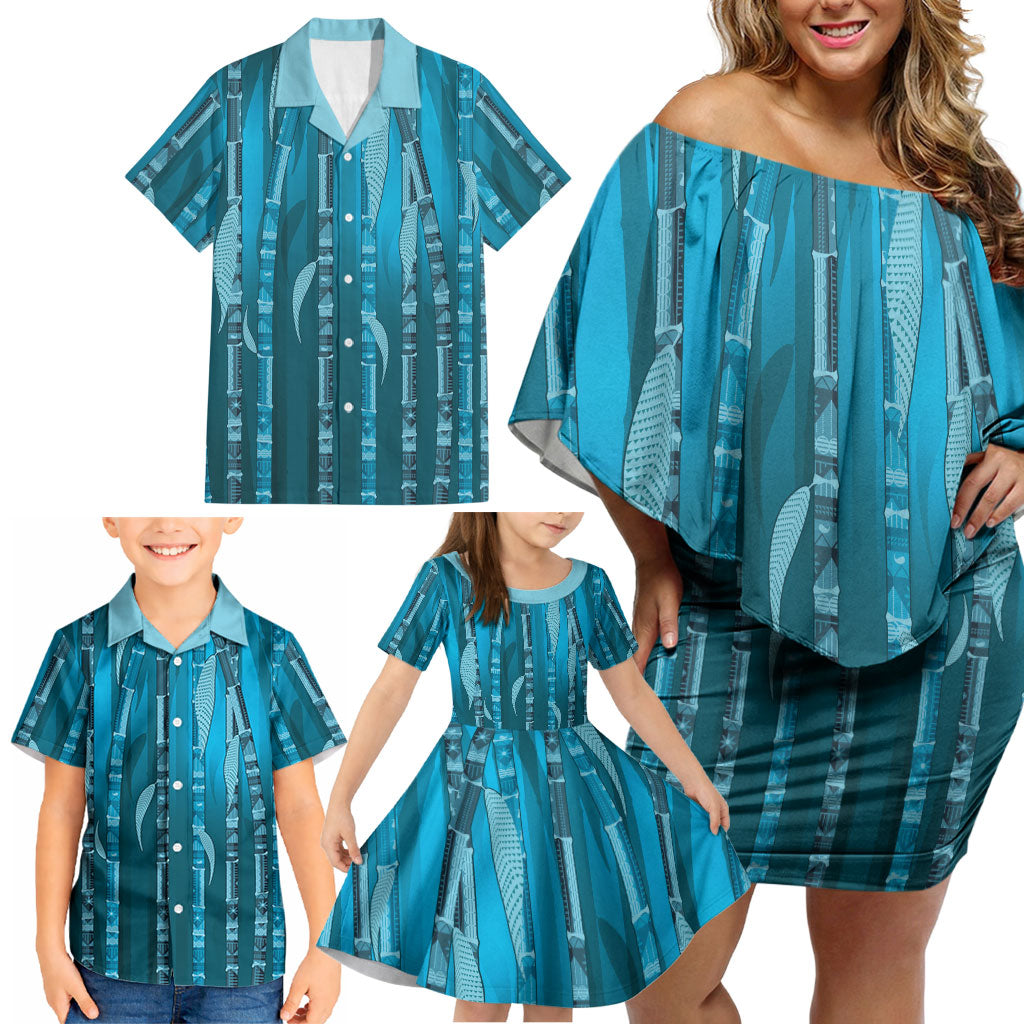 Personalised Fiji Language Week Sugarcane Masi Family Matching Off Shoulder Short Dress and Hawaiian Shirt Blue Tapa Tribal Pattern