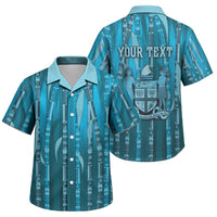 Personalised Fiji Language Week Sugarcane Masi Family Matching Off Shoulder Short Dress and Hawaiian Shirt Blue Tapa Tribal Pattern
