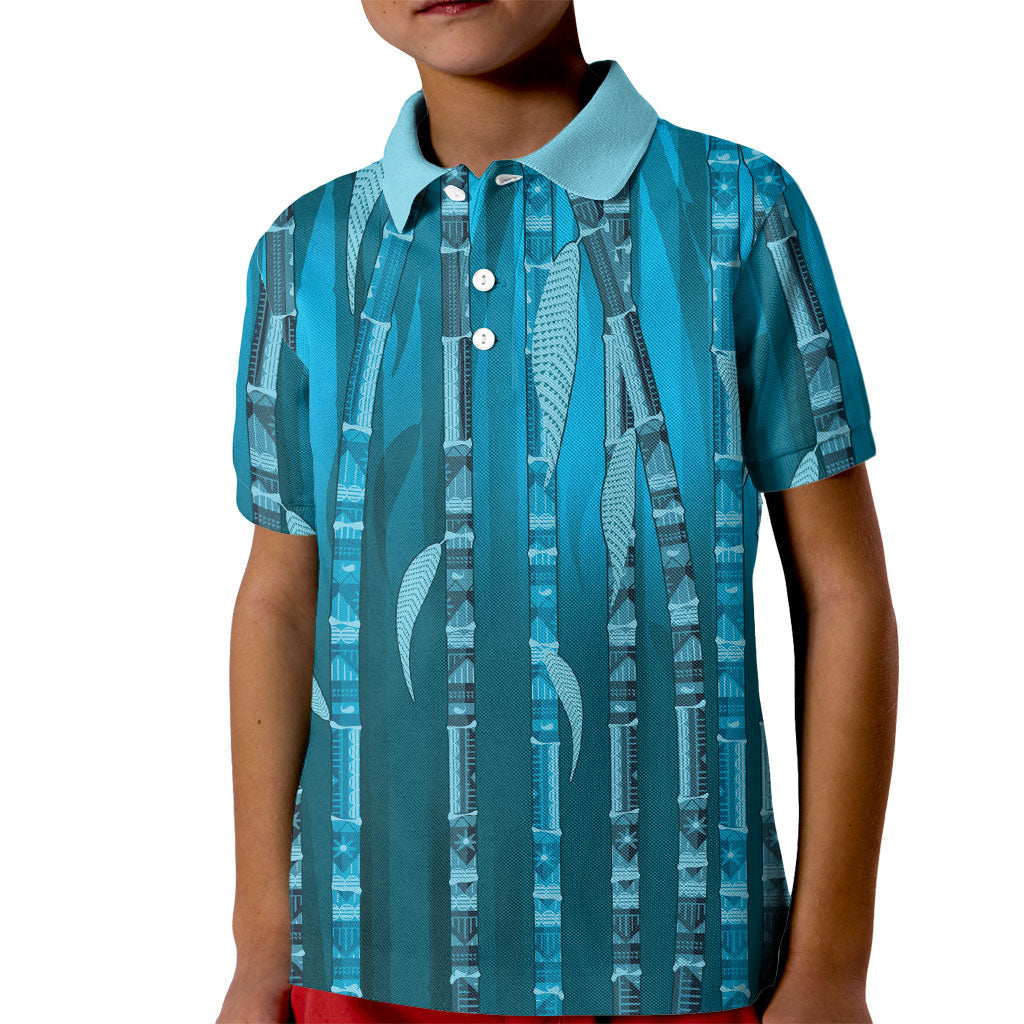 Personalised Fiji Language Week Sugarcane Masi Kid Polo Shirt Blue Tapa Tribal Pattern