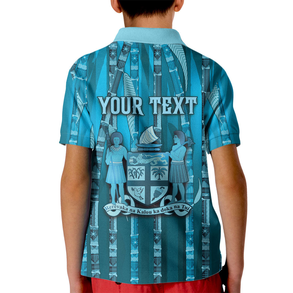 Personalised Fiji Language Week Sugarcane Masi Kid Polo Shirt Blue Tapa Tribal Pattern