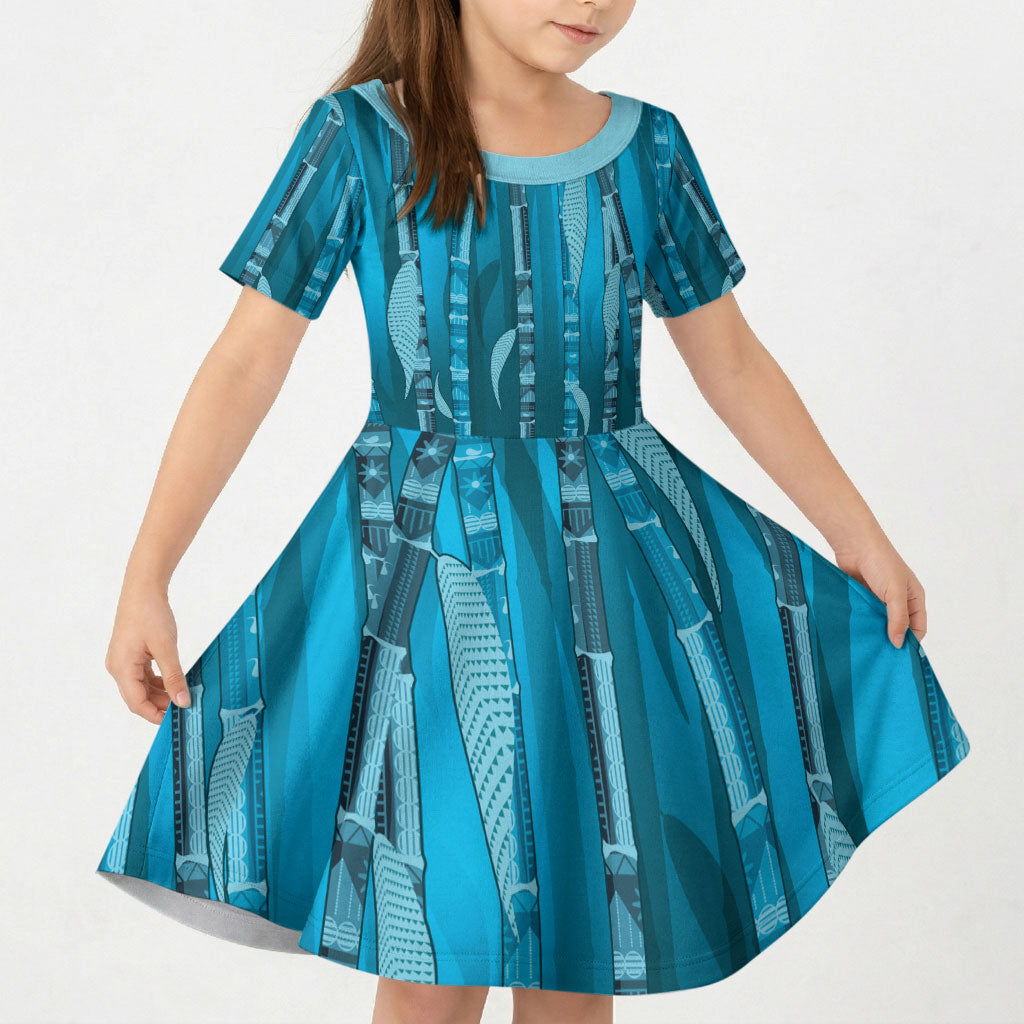 Personalised Fiji Language Week Sugarcane Masi Kid Short Sleeve Dress Blue Tapa Tribal Pattern