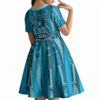 Personalised Fiji Language Week Sugarcane Masi Kid Short Sleeve Dress Blue Tapa Tribal Pattern