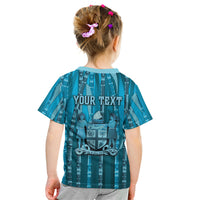 Personalised Fiji Language Week Sugarcane Masi Kid T Shirt Blue Tapa Tribal Pattern