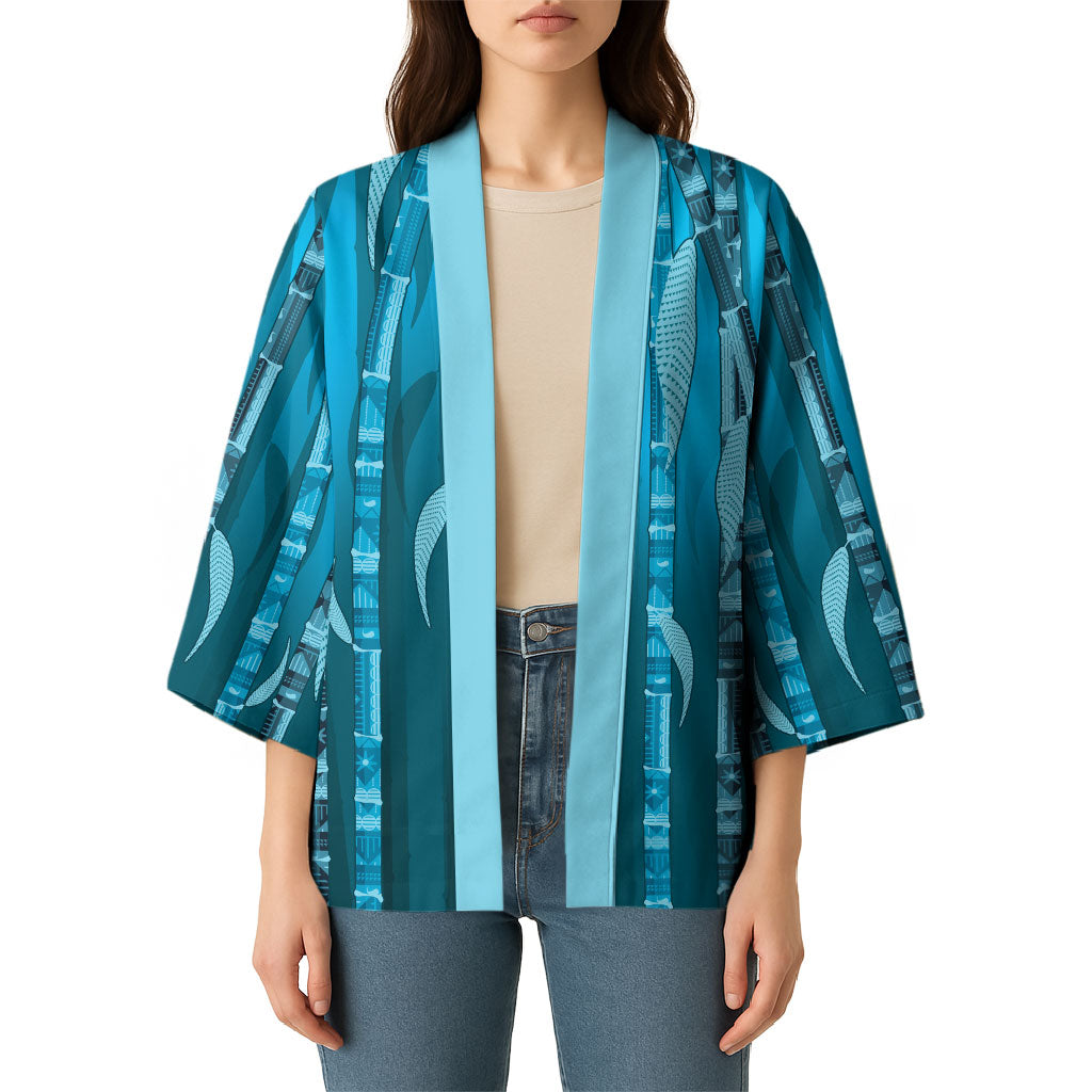 Personalised Fiji Language Week Sugarcane Masi Kimono Blue Tapa Tribal Pattern