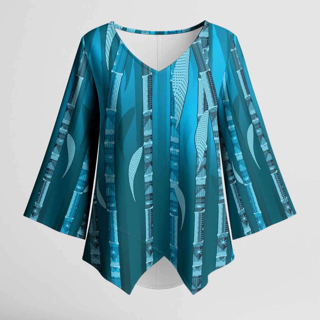 Personalised Fiji Language Week Sugarcane Masi Kimono Sleeve Blouse Blue Tapa Tribal Pattern