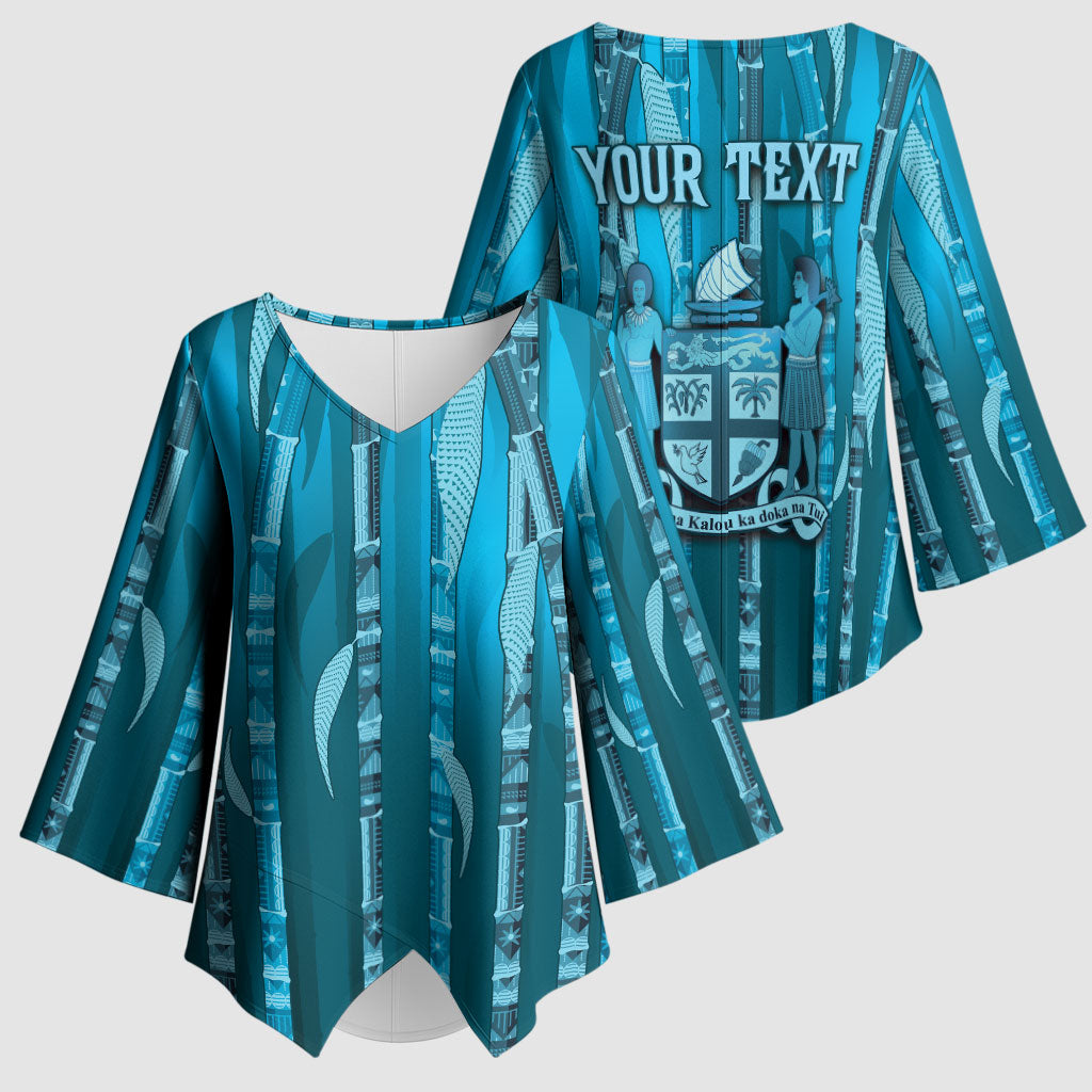 Personalised Fiji Language Week Sugarcane Masi Kimono Sleeve Blouse Blue Tapa Tribal Pattern