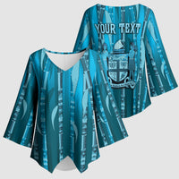 Personalised Fiji Language Week Sugarcane Masi Kimono Sleeve Blouse Blue Tapa Tribal Pattern