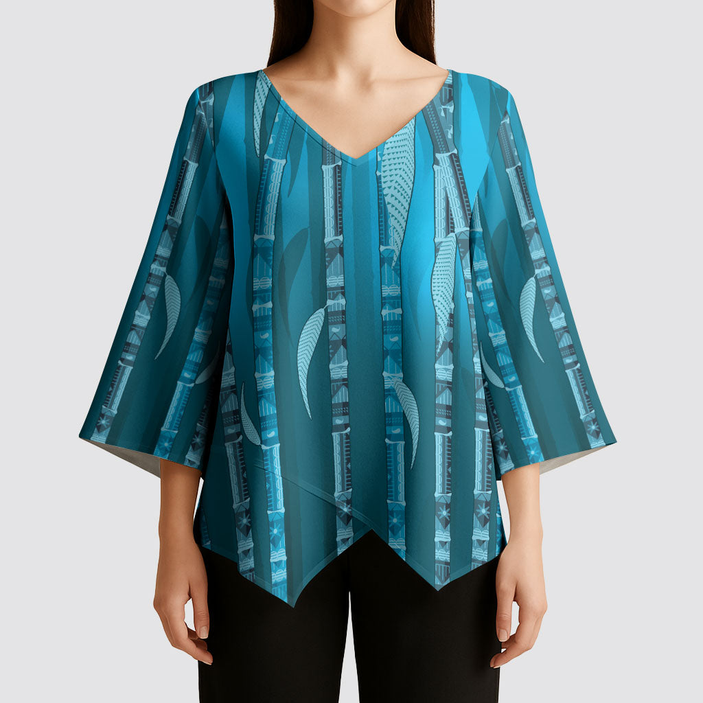 Personalised Fiji Language Week Sugarcane Masi Kimono Sleeve Blouse Blue Tapa Tribal Pattern