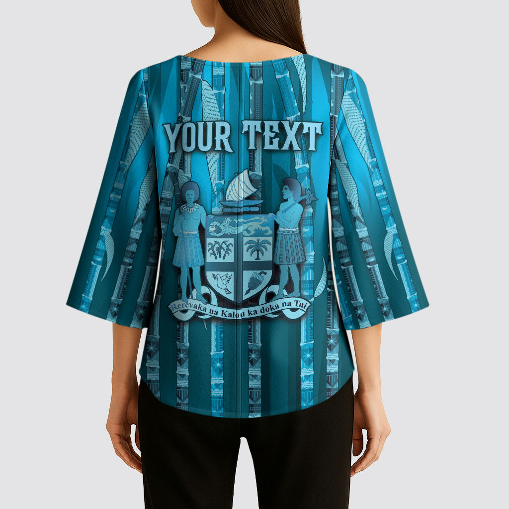 Personalised Fiji Language Week Sugarcane Masi Kimono Sleeve Blouse Blue Tapa Tribal Pattern