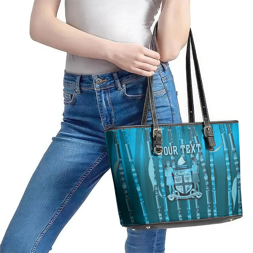 Personalised Fiji Language Week Sugarcane Masi Leather Tote Bag Blue Tapa Tribal Pattern