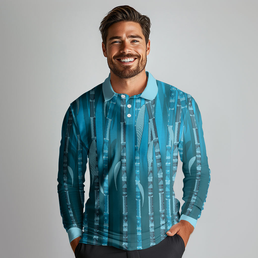 Personalised Fiji Language Week Sugarcane Masi Long Sleeve Polo Shirt Blue Tapa Tribal Pattern