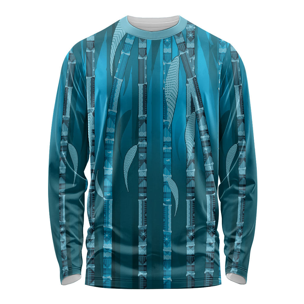Personalised Fiji Language Week Sugarcane Masi Long Sleeve Shirt Blue Tapa Tribal Pattern