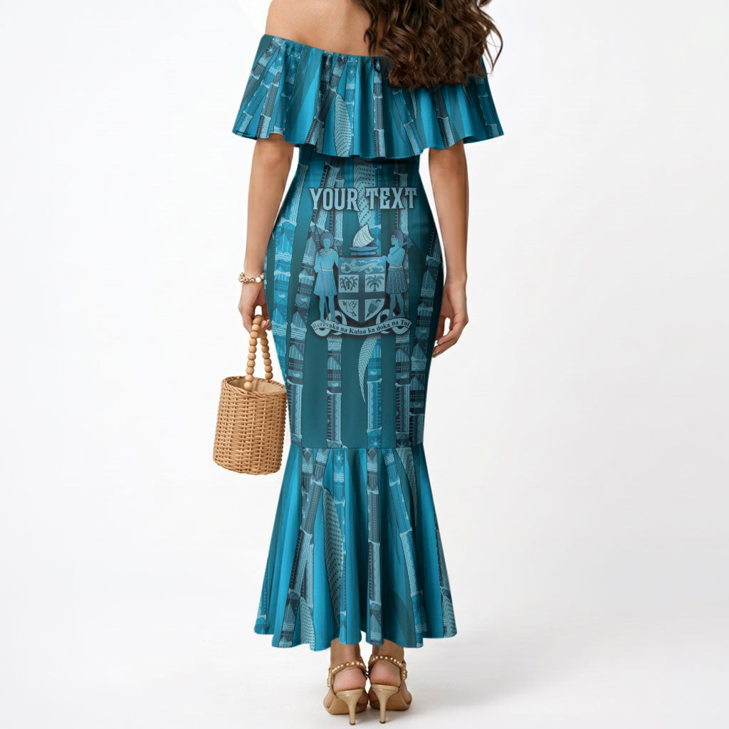 Personalised Fiji Language Week Sugarcane Masi Mermaid Dress Blue Tapa Tribal Pattern