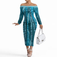 Personalised Fiji Language Week Sugarcane Masi Off The Shoulder Long Sleeve Dress Blue Tapa Tribal Pattern