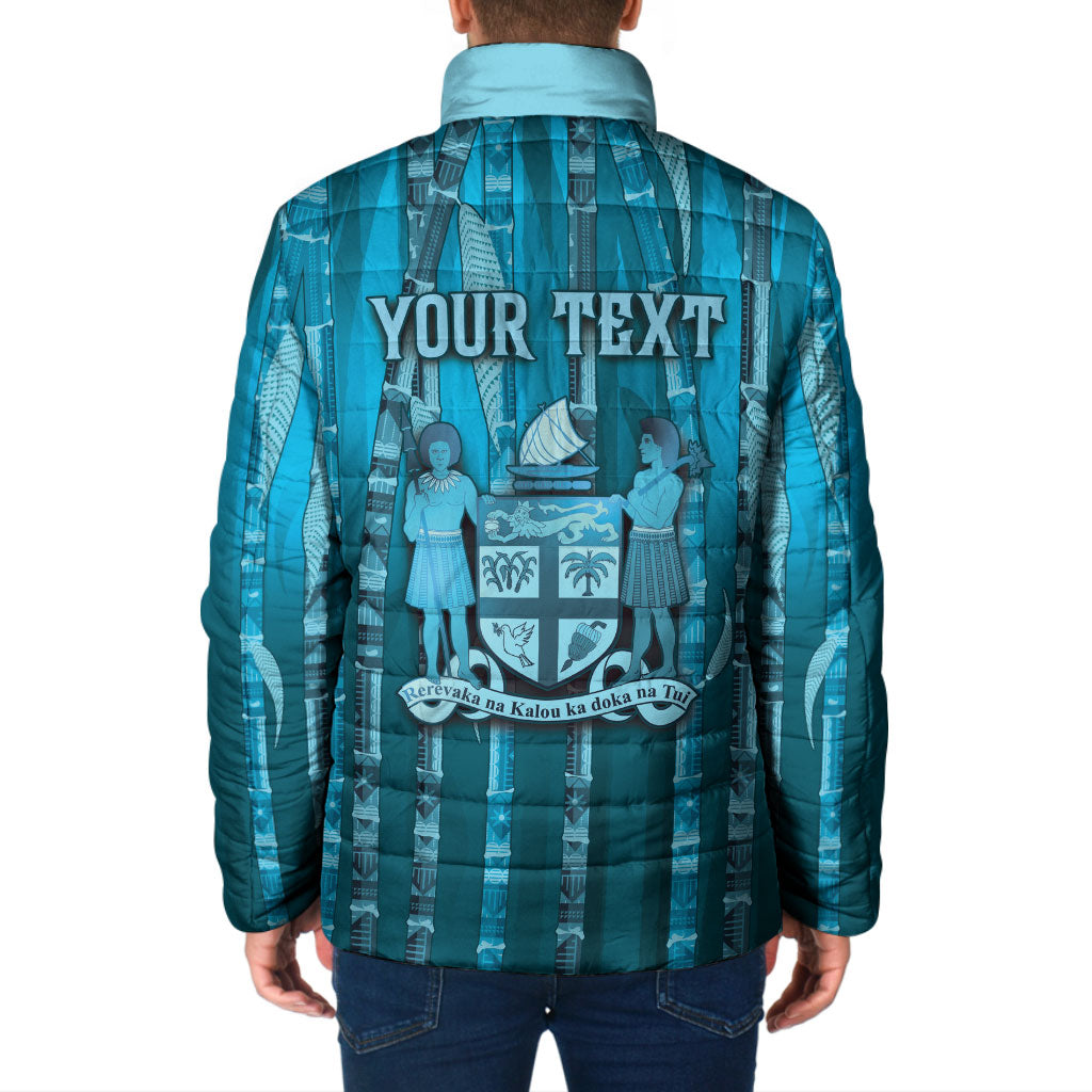 Personalised Fiji Language Week Sugarcane Masi Padded Jacket Blue Tapa Tribal Pattern