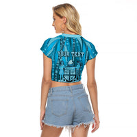 Personalised Fiji Language Week Sugarcane Masi Raglan Cropped T Shirt Blue Tapa Tribal Pattern