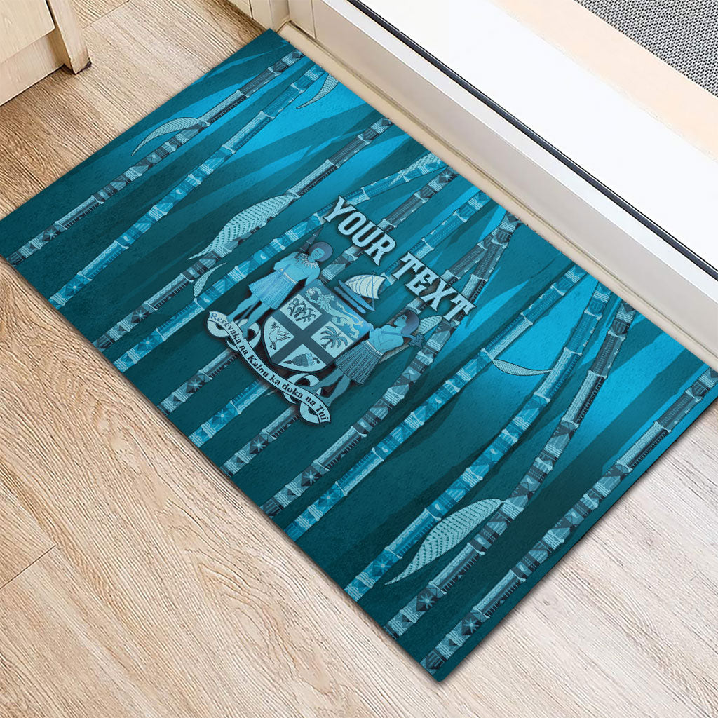 Personalised Fiji Language Week Sugarcane Masi Rubber Doormat Blue Tapa Tribal Pattern