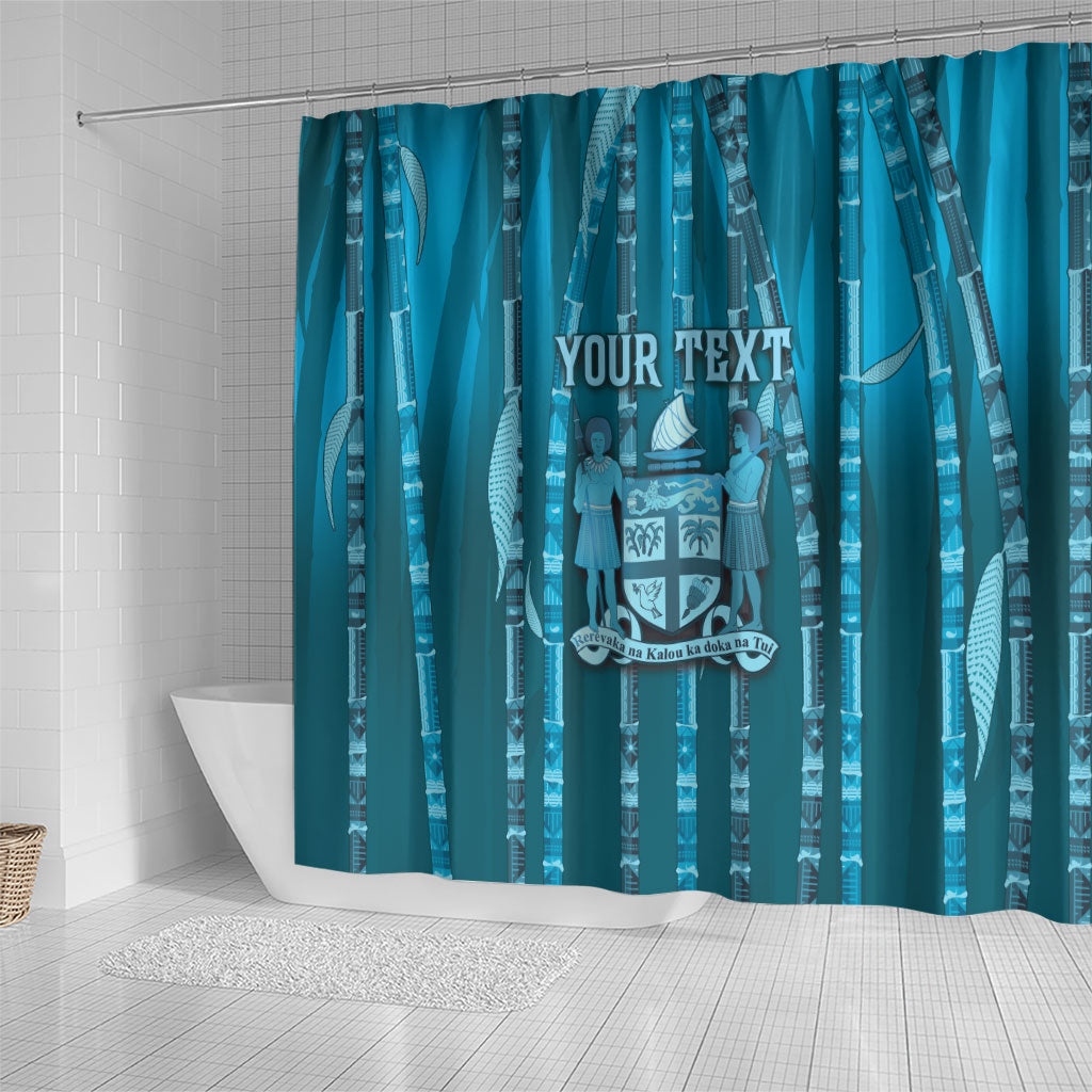 Personalised Fiji Language Week Sugarcane Masi Shower Curtain Blue Tapa Tribal Pattern