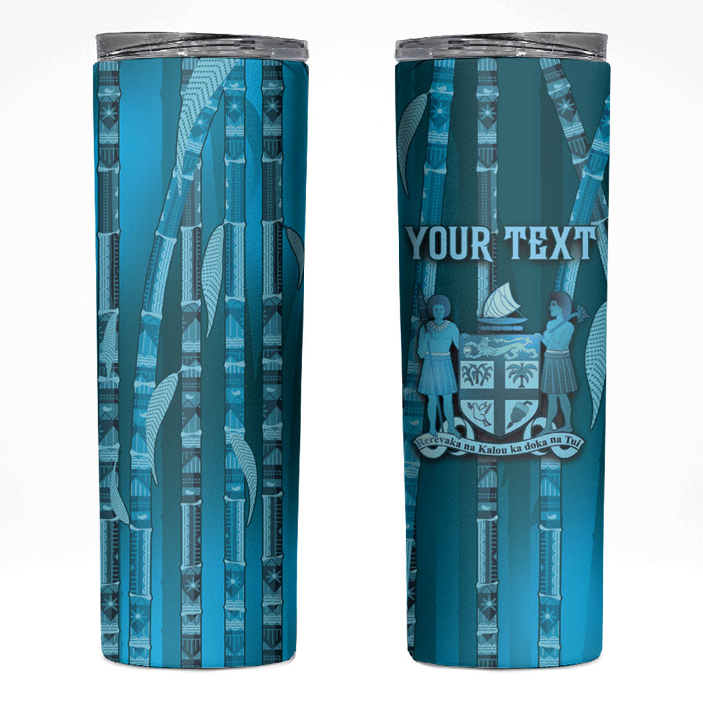 Personalised Fiji Language Week Sugarcane Masi Skinny Tumbler Blue Tapa Tribal Pattern
