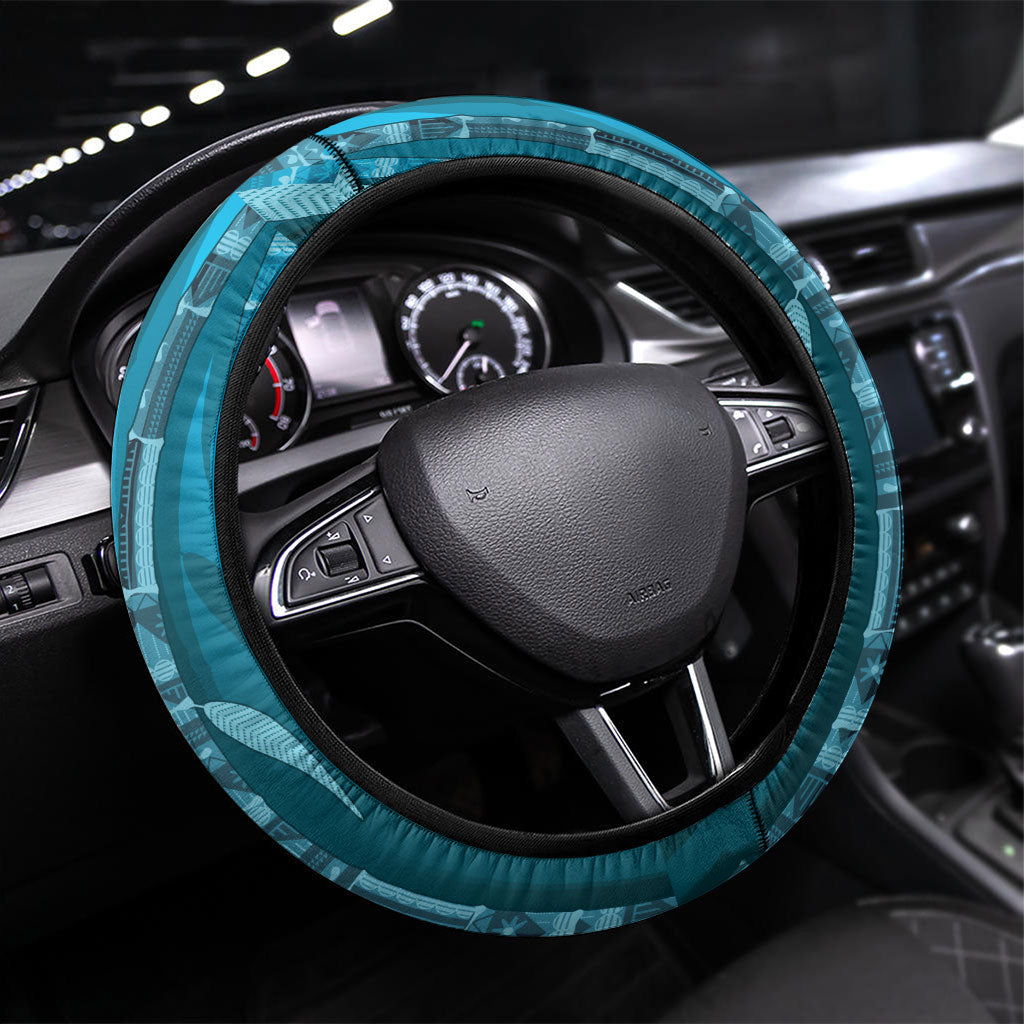 Fiji Language Week Sugarcane Masi Steering Wheel Cover Blue Tapa Tribal Pattern