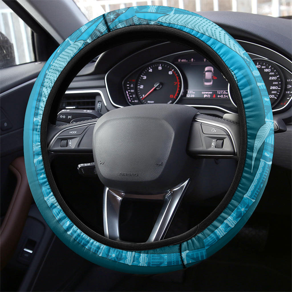 Fiji Language Week Sugarcane Masi Steering Wheel Cover Blue Tapa Tribal Pattern