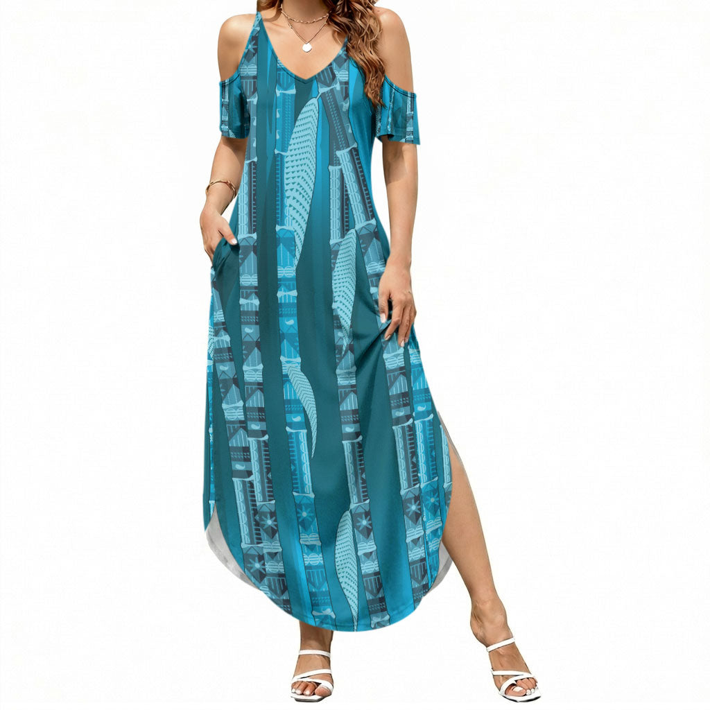 Personalised Fiji Language Week Sugarcane Masi Summer Maxi Dress Blue Tapa Tribal Pattern