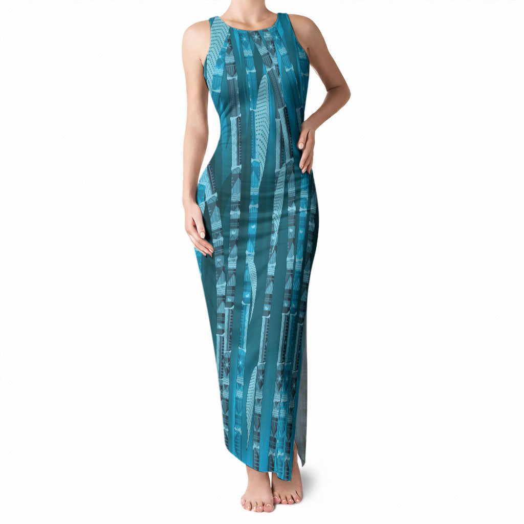 Personalised Fiji Language Week Sugarcane Masi Tank Maxi Dress Blue Tapa Tribal Pattern