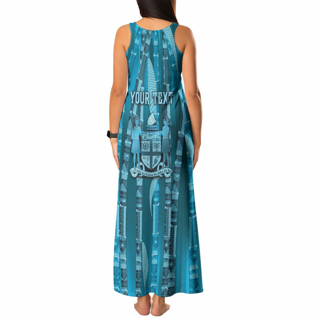 Personalised Fiji Language Week Sugarcane Masi Tank Maxi Dress Blue Tapa Tribal Pattern