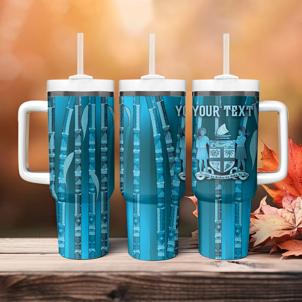 Personalised Fiji Language Week Sugarcane Masi Tumbler With Handle Blue Tapa Tribal Pattern