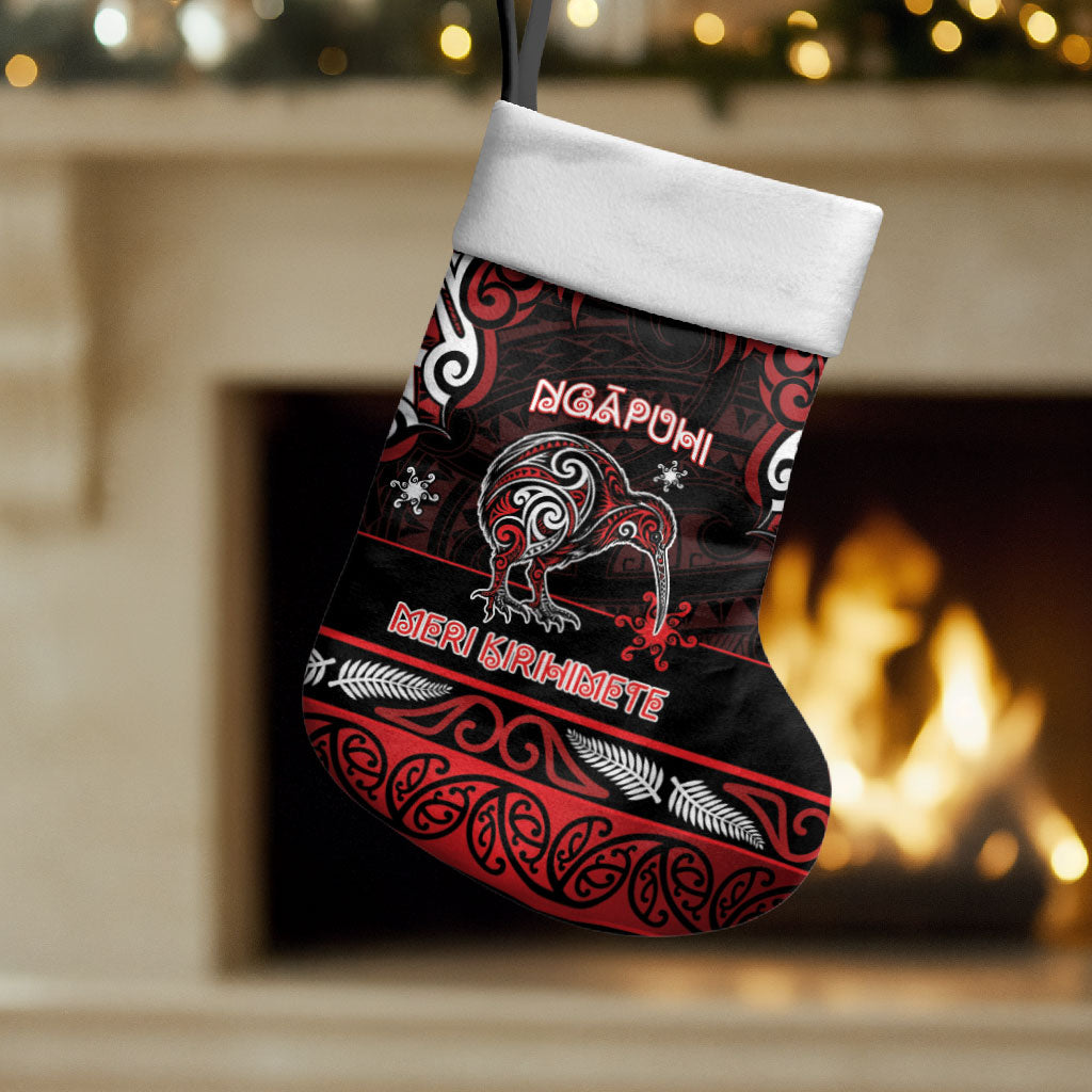 Personalised Ngapuhi Aotearoa Meri Kirihimete Christmas Stocking Maori Kiwi Bird Silver Fern Koru Pattern