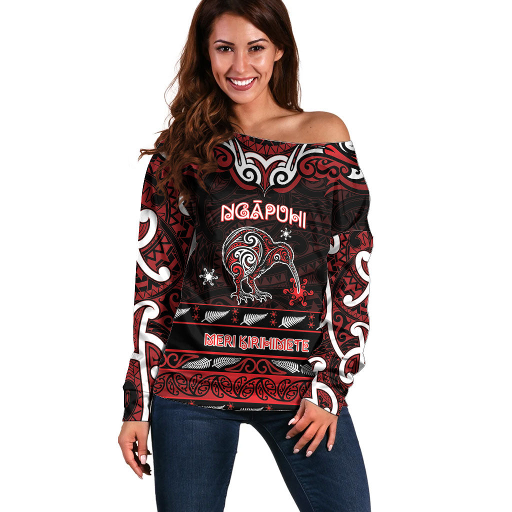 Personalised Ngapuhi Aotearoa Meri Kirihimete Off Shoulder Sweater Maori Kiwi Bird Silver Fern Koru Pattern