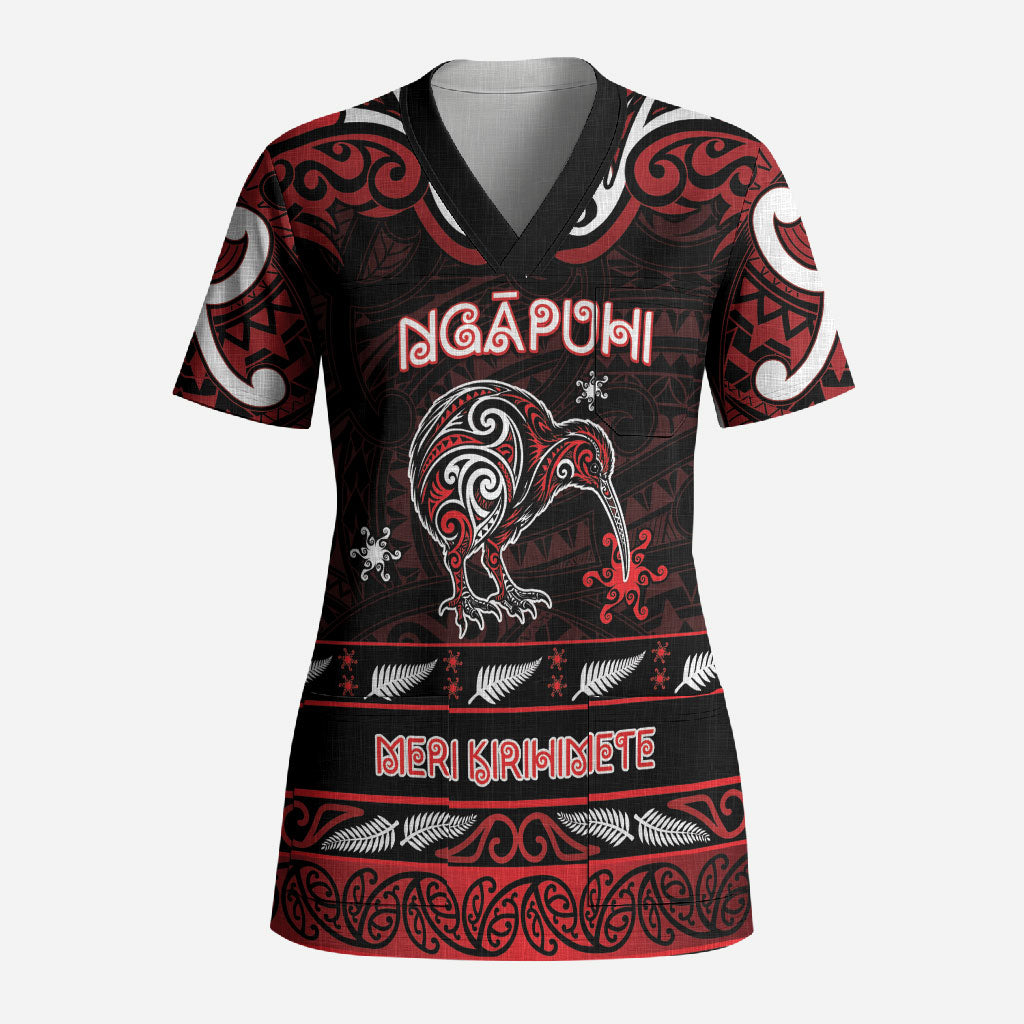 Personalised Ngapuhi Aotearoa Meri Kirihimete Scrub Top Maori Kiwi Bird Silver Fern Koru Pattern