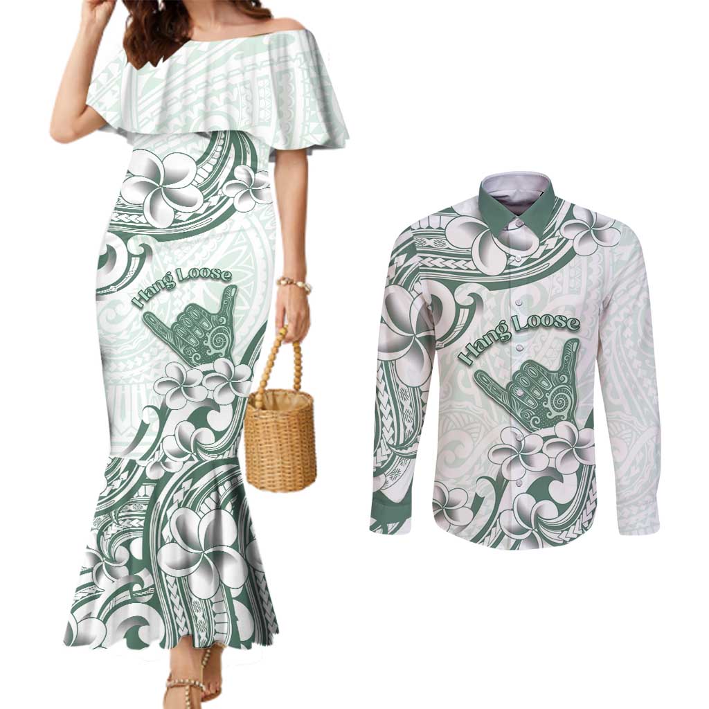 Aloha Hawaii Shaka Couples Matching Mermaid Dress and Long Sleeve Button Shirt Hang Loose Mint Version - Polynesian Pride