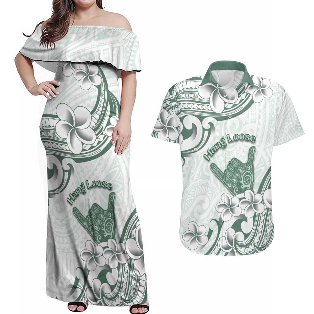 Aloha Hawaii Shaka Couples Matching Off Shoulder Maxi Dress and Hawaiian Shirt Hang Loose Mint Version - Polynesian Pride