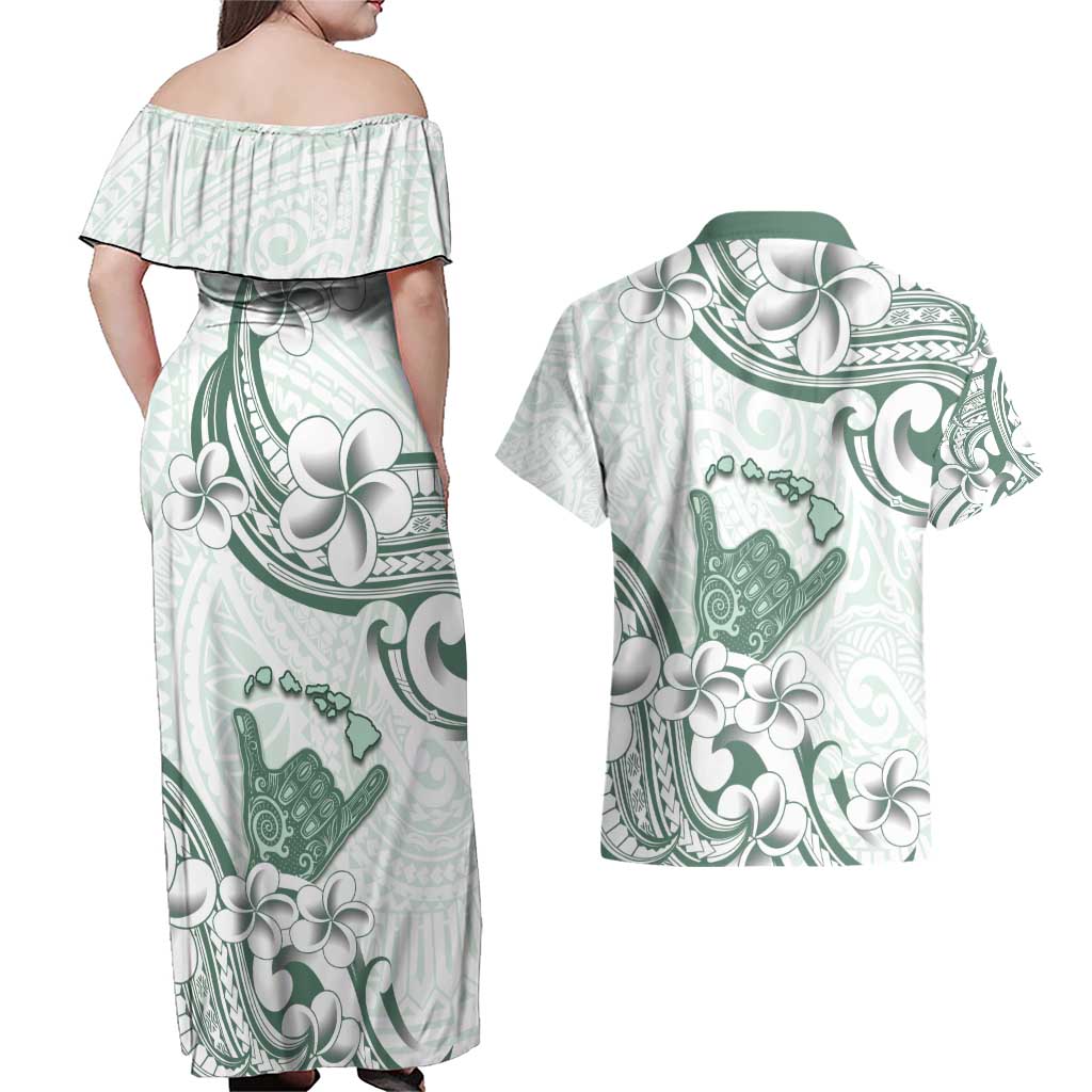 Aloha Hawaii Shaka Couples Matching Off Shoulder Maxi Dress and Hawaiian Shirt Hang Loose Mint Version - Polynesian Pride