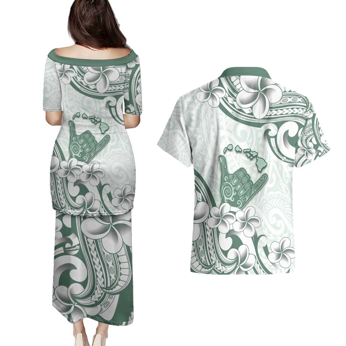Aloha Hawaii Shaka Couples Matching Puletasi and Hawaiian Shirt Hang Loose Mint Version - Polynesian Pride