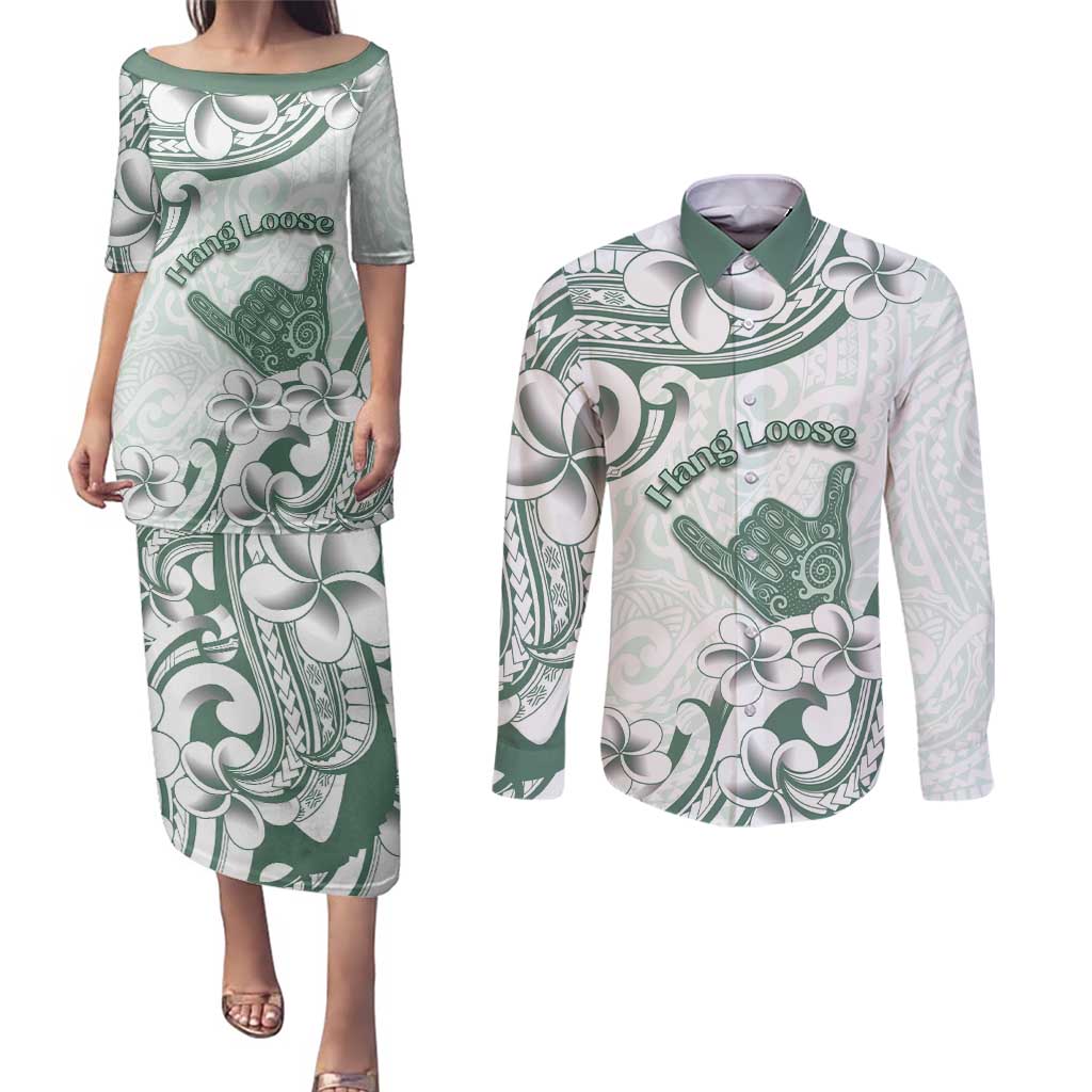 Aloha Hawaii Shaka Couples Matching Puletasi and Long Sleeve Button Shirt Hang Loose Mint Version - Polynesian Pride